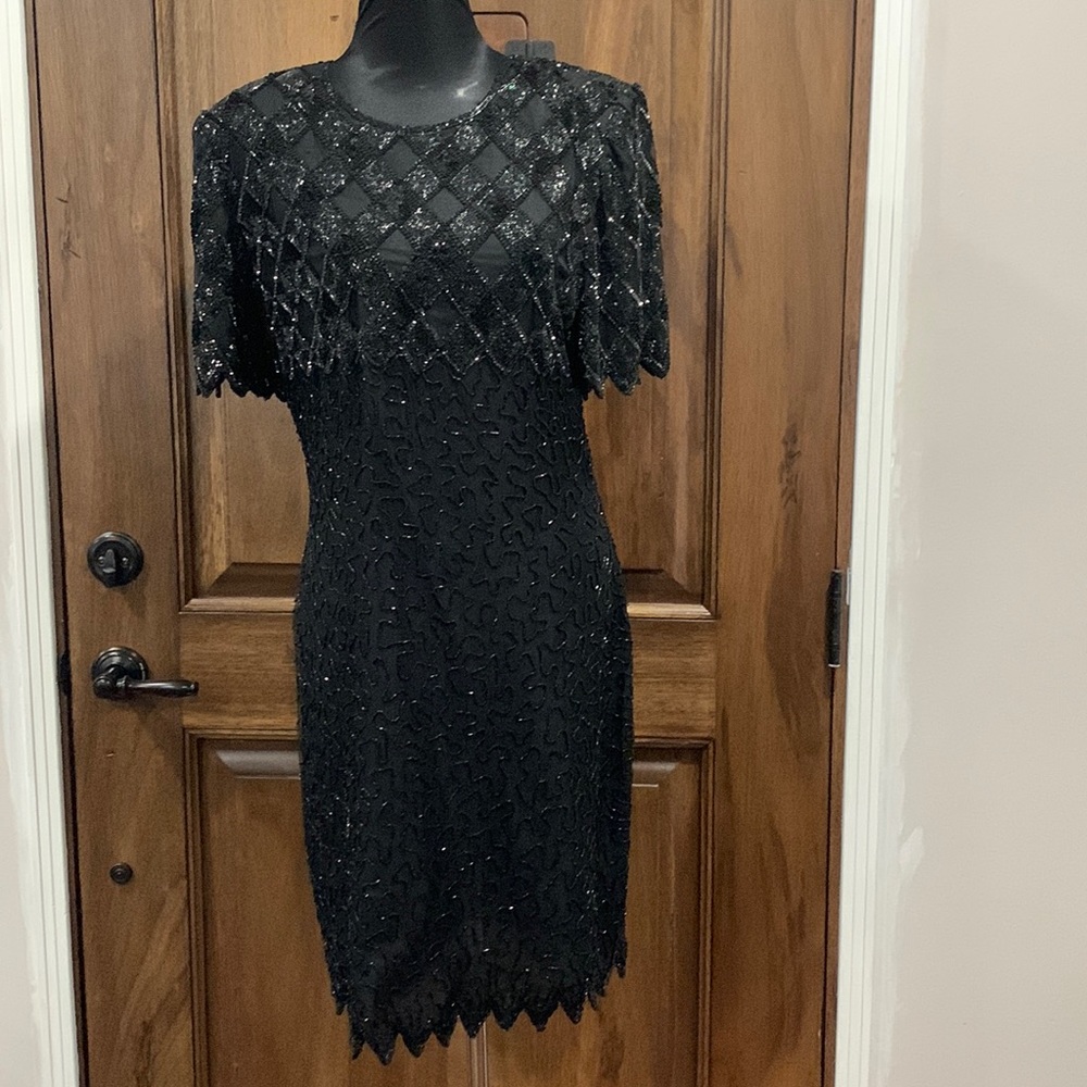 Black Vintage 80s Lawrence Kazar New York Silk Sequin Beaded Dress - Size Large